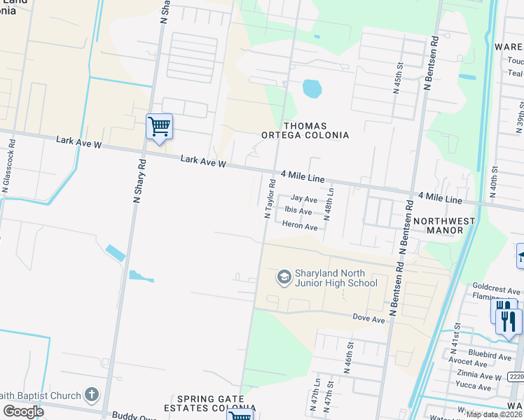 map of restaurants, bars, coffee shops, grocery stores, and more near 5201 North Taylor Road in Mission