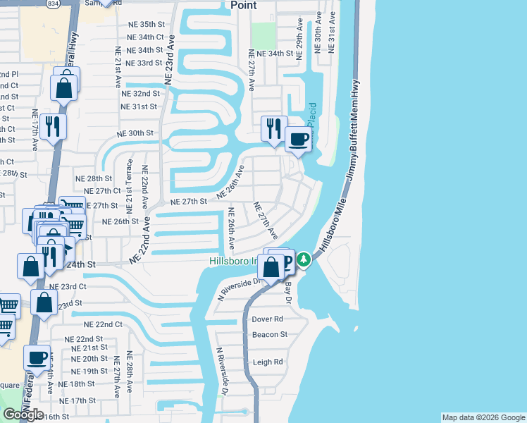 map of restaurants, bars, coffee shops, grocery stores, and more near 2676 Northeast 26th Street in Lighthouse Point