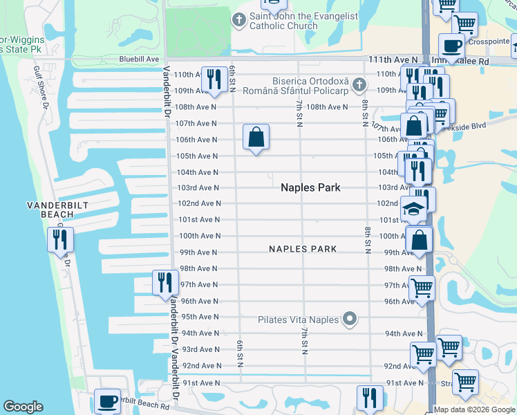 map of restaurants, bars, coffee shops, grocery stores, and more near 632 102nd Avenue North in Naples