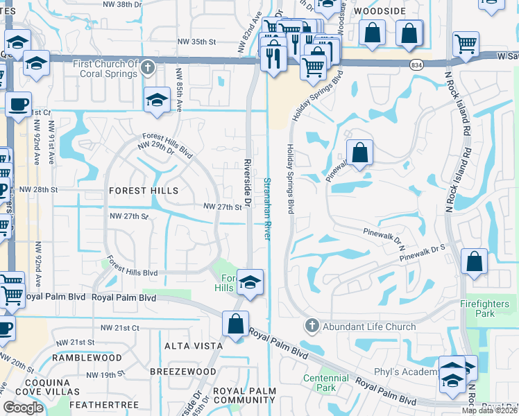 map of restaurants, bars, coffee shops, grocery stores, and more near in Coral Springs