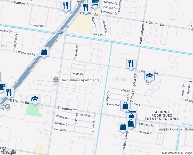 map of restaurants, bars, coffee shops, grocery stores, and more near 1714 East Wisconsin Road in Edinburg