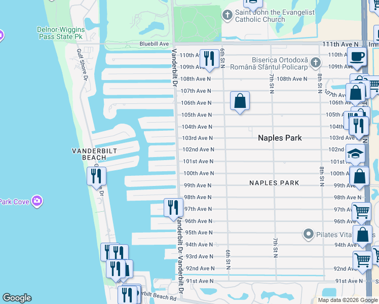 map of restaurants, bars, coffee shops, grocery stores, and more near 526 102nd Avenue North in Naples