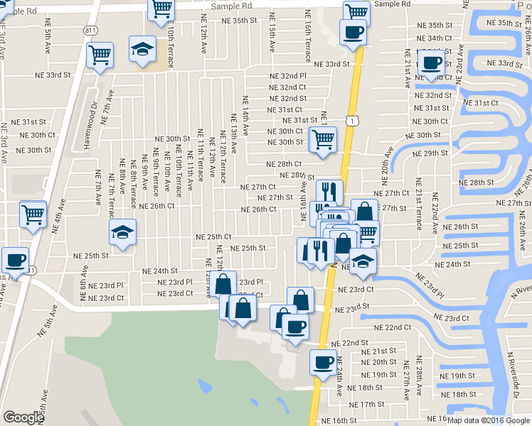 map of restaurants, bars, coffee shops, grocery stores, and more near 2600 Northeast 14th Terrace in Pompano Beach