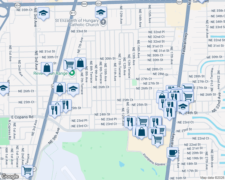 map of restaurants, bars, coffee shops, grocery stores, and more near in Pompano Beach