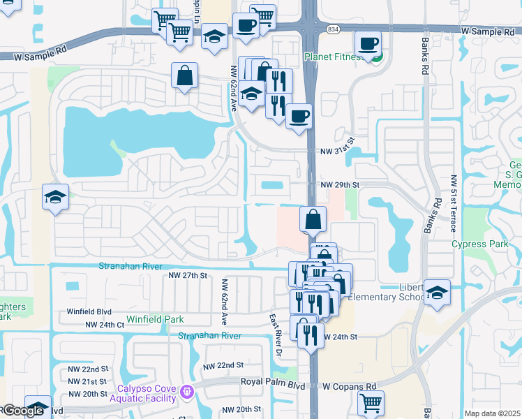 map of restaurants, bars, coffee shops, grocery stores, and more near 5951 Colonial Drive in Margate
