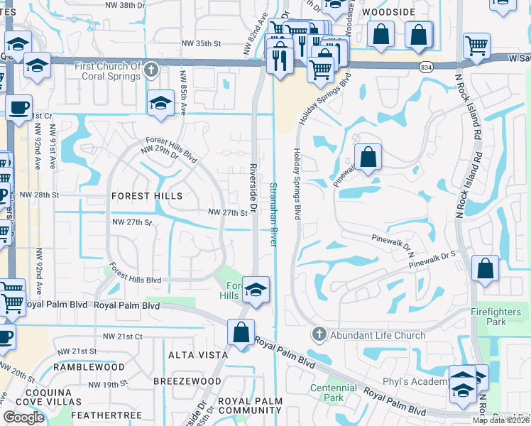 map of restaurants, bars, coffee shops, grocery stores, and more near in Coral Springs