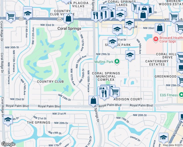 map of restaurants, bars, coffee shops, grocery stores, and more near 2700 Coral Springs Drive in Coral Springs