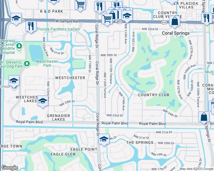 map of restaurants, bars, coffee shops, grocery stores, and more near 11603 Northwest 26th Street in Coral Springs