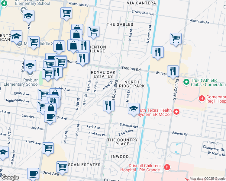map of restaurants, bars, coffee shops, grocery stores, and more near 201 Robin Avenue in McAllen