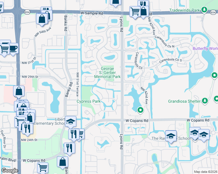 map of restaurants, bars, coffee shops, grocery stores, and more near 2682 Blue Sage Avenue in Coconut Creek