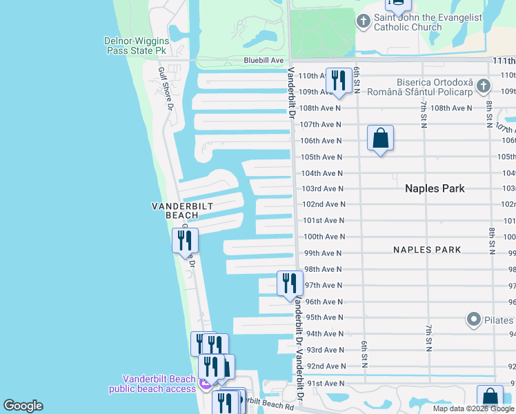map of restaurants, bars, coffee shops, grocery stores, and more near 285 Bayview Avenue in Naples