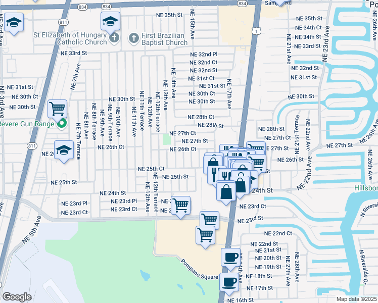 map of restaurants, bars, coffee shops, grocery stores, and more near 2600 Northeast 14th Terrace in Pompano Beach