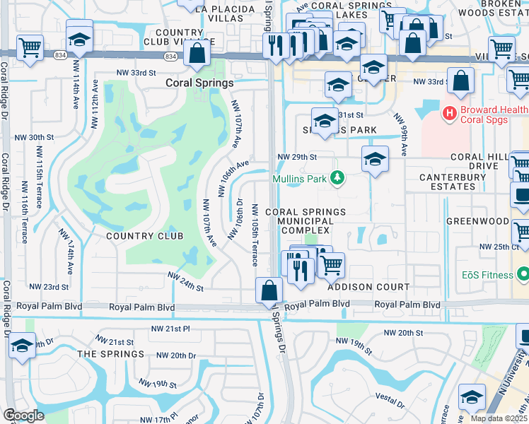 map of restaurants, bars, coffee shops, grocery stores, and more near 2700 Coral Springs Drive in Coral Springs