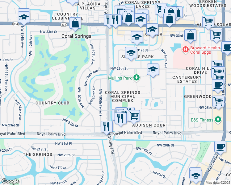 map of restaurants, bars, coffee shops, grocery stores, and more near 2801 Coral Springs Drive in Coral Springs