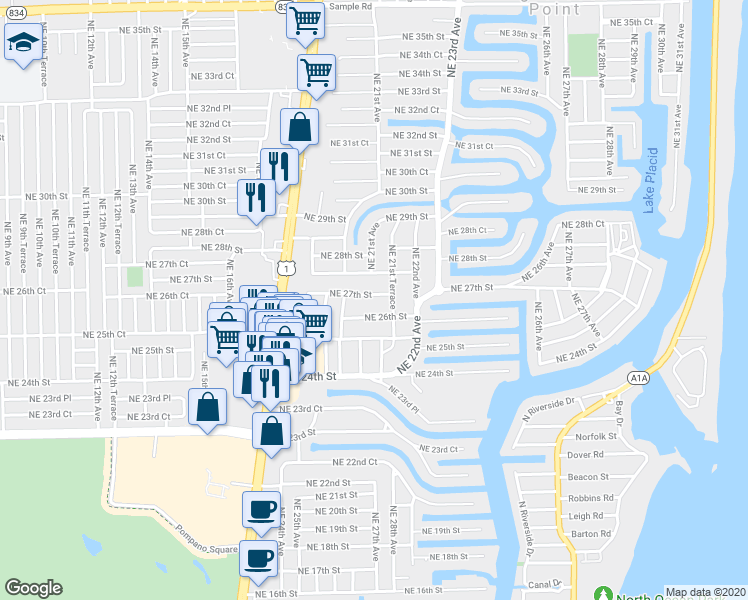 map of restaurants, bars, coffee shops, grocery stores, and more near 2070 Northeast 27th Street in Lighthouse Point