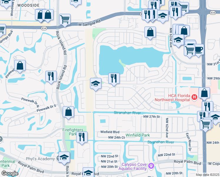 map of restaurants, bars, coffee shops, grocery stores, and more near 6621 Northwest 29th Court in Margate