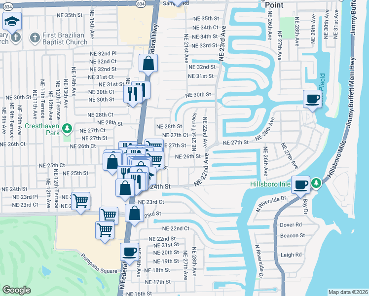 map of restaurants, bars, coffee shops, grocery stores, and more near 2070 Northeast 27th Street in Lighthouse Point