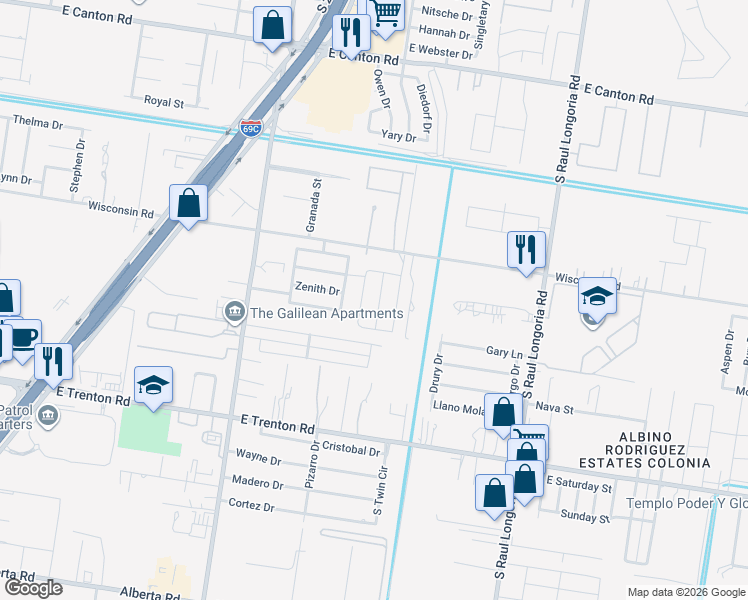 map of restaurants, bars, coffee shops, grocery stores, and more near 1714 East Wisconsin Road in Edinburg
