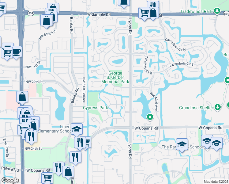 map of restaurants, bars, coffee shops, grocery stores, and more near 2682 Blue Sage Avenue in Coconut Creek