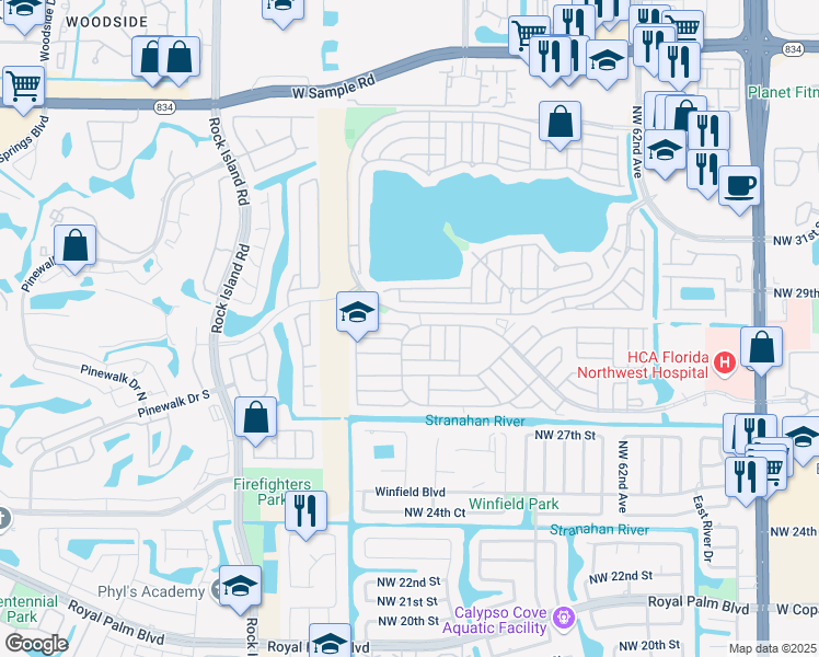 map of restaurants, bars, coffee shops, grocery stores, and more near 6621 Northwest 29th Court in Margate