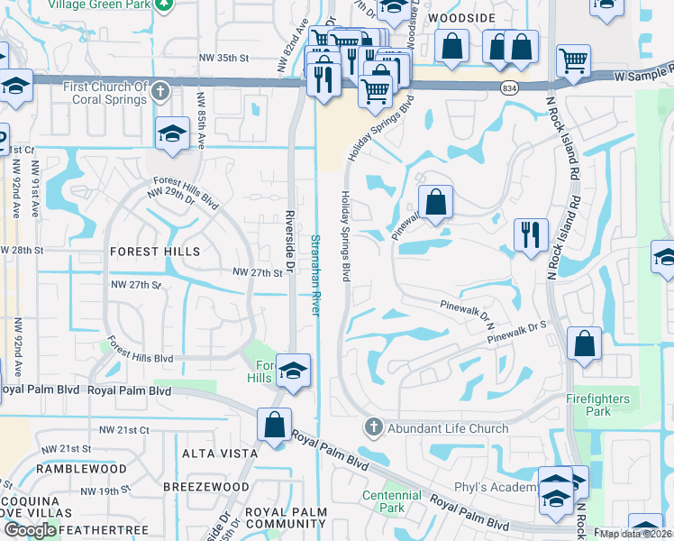 map of restaurants, bars, coffee shops, grocery stores, and more near 3100 Holiday Springs Boulevard in Margate