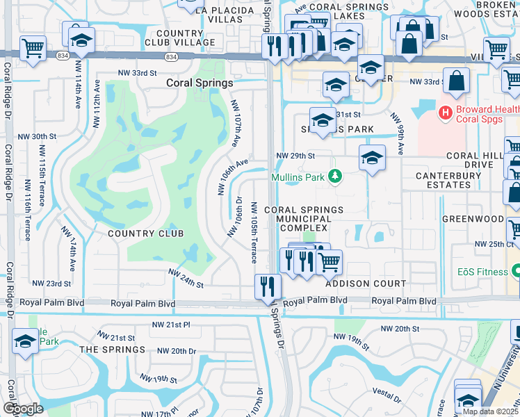 map of restaurants, bars, coffee shops, grocery stores, and more near 2700 Coral Springs Drive in Coral Springs