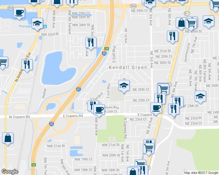 map of restaurants, bars, coffee shops, grocery stores, and more near 2620 East Golf Boulevard in Pompano Beach