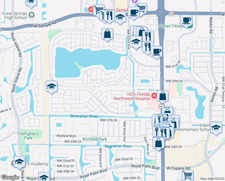 map of restaurants, bars, coffee shops, grocery stores, and more near 6409 Brandywine Drive North in Margate