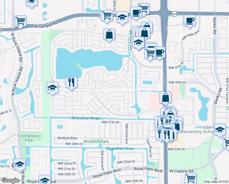 map of restaurants, bars, coffee shops, grocery stores, and more near 6409 Brandywine Drive North in Margate