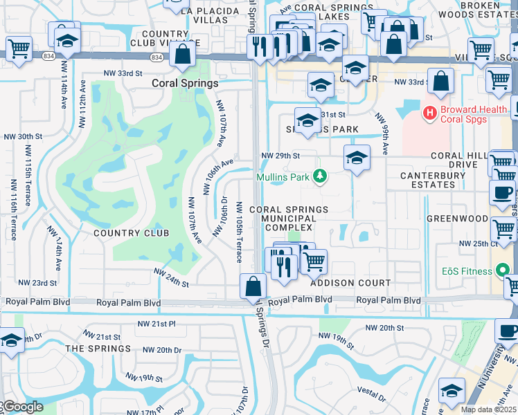 map of restaurants, bars, coffee shops, grocery stores, and more near 2801 Coral Springs Drive in Coral Springs