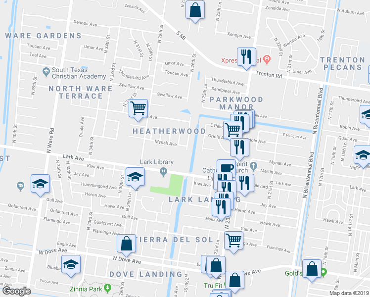 map of restaurants, bars, coffee shops, grocery stores, and more near 2601 Mynah Avenue in McAllen