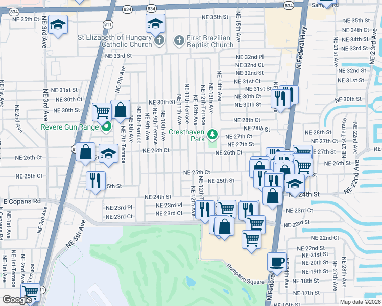 map of restaurants, bars, coffee shops, grocery stores, and more near 2721 Northeast 11th Terrace in Pompano Beach