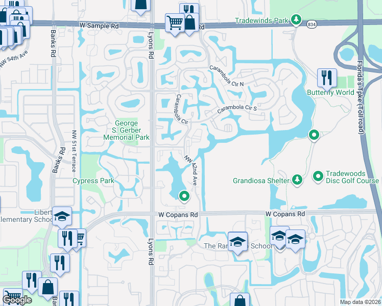 map of restaurants, bars, coffee shops, grocery stores, and more near 3000 Northwest 42nd Avenue in Coconut Creek