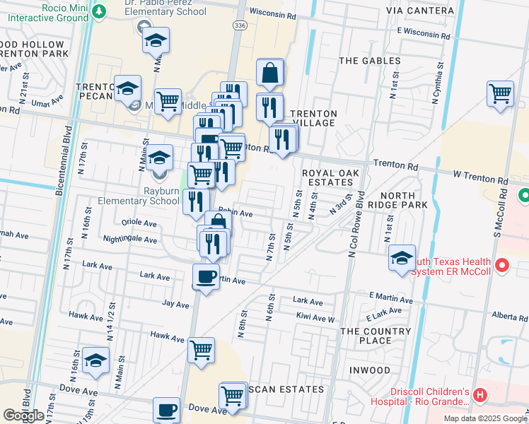 map of restaurants, bars, coffee shops, grocery stores, and more near 716 Swallow Avenue in McAllen