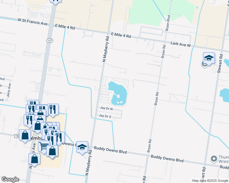 map of restaurants, bars, coffee shops, grocery stores, and more near Lakeside View Lane in Palmhurst