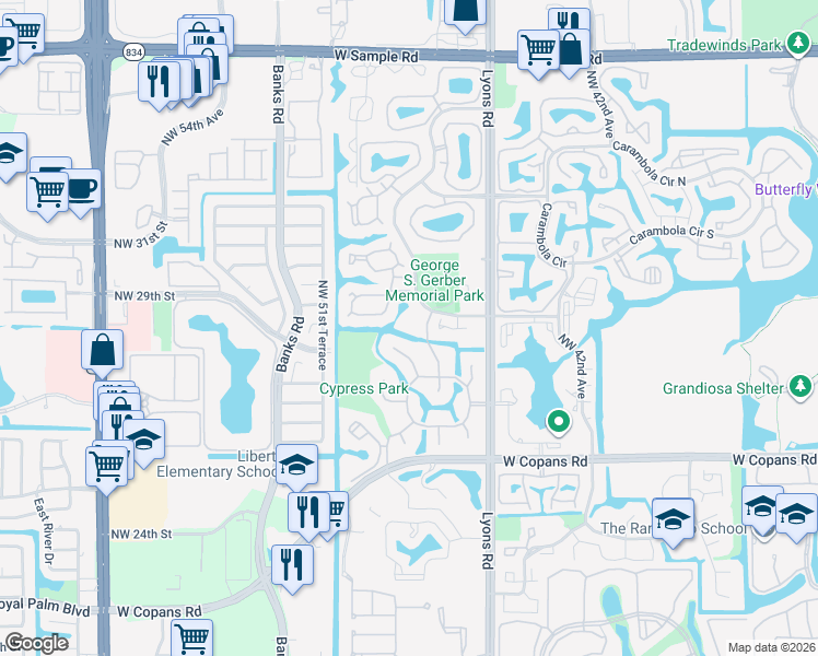 map of restaurants, bars, coffee shops, grocery stores, and more near 3051 Northwest 48th Avenue in Coconut Creek