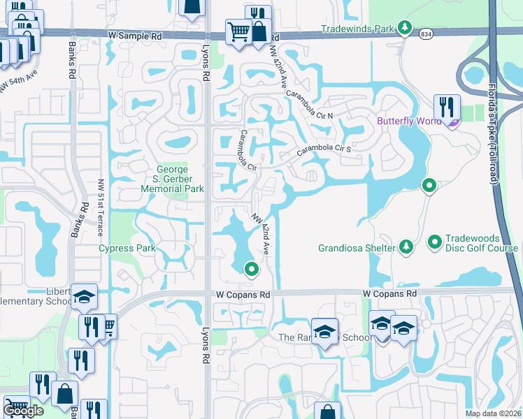 map of restaurants, bars, coffee shops, grocery stores, and more near 3000 Northwest 42nd Avenue in Coconut Creek