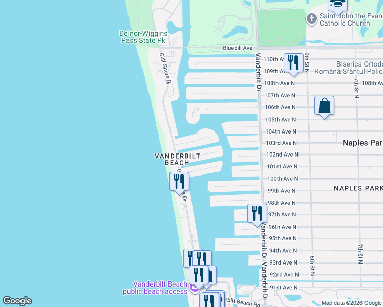 map of restaurants, bars, coffee shops, grocery stores, and more near 136 Seabreeze Avenue in Naples