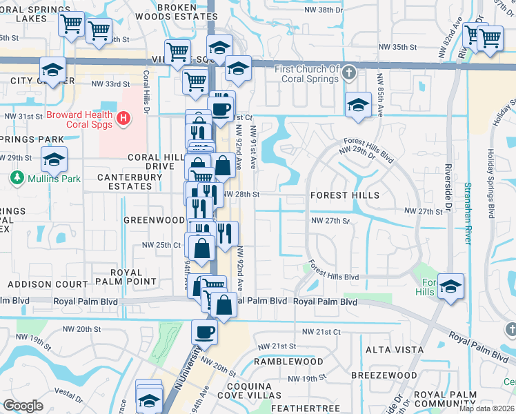 map of restaurants, bars, coffee shops, grocery stores, and more near 9050 Northwest 28th Street in Coral Springs