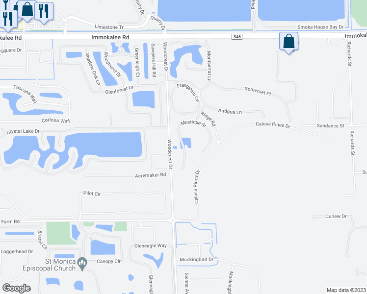 map of restaurants, bars, coffee shops, grocery stores, and more near Mustique Street in Naples