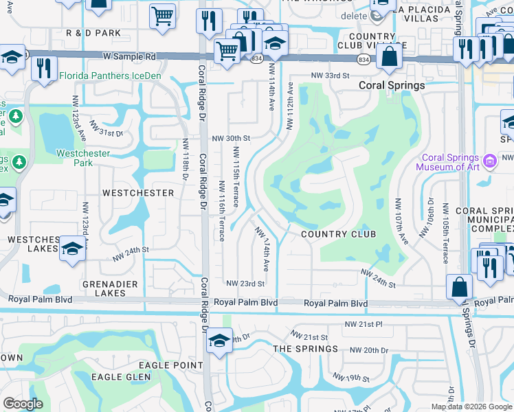 map of restaurants, bars, coffee shops, grocery stores, and more near 2761 Northwest 112th Avenue in Coral Springs