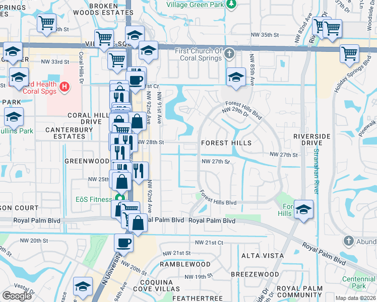 map of restaurants, bars, coffee shops, grocery stores, and more near 2730 Forest Hills Boulevard in Coral Springs