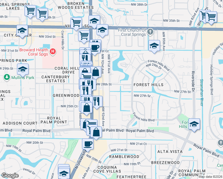 map of restaurants, bars, coffee shops, grocery stores, and more near 9050 Northwest 28th Street in Coral Springs