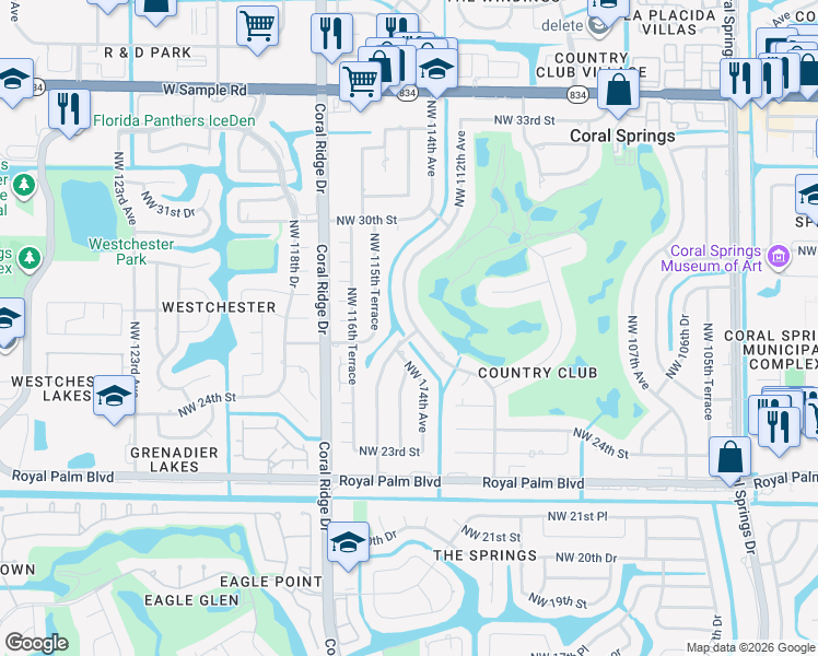 map of restaurants, bars, coffee shops, grocery stores, and more near 2761 Northwest 112th Avenue in Coral Springs