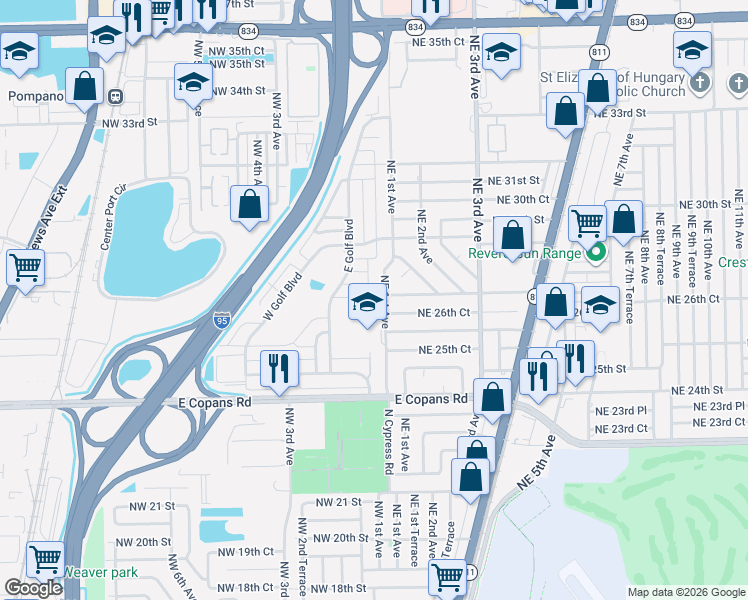 map of restaurants, bars, coffee shops, grocery stores, and more near 120 Northwest 27th Court in Pompano Beach