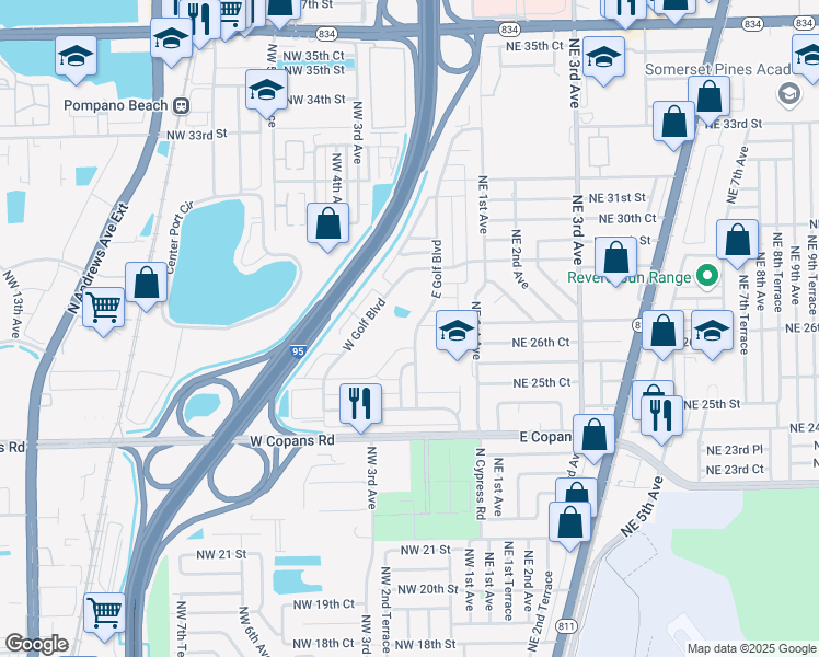 map of restaurants, bars, coffee shops, grocery stores, and more near 2701 East Golf Boulevard in Pompano Beach