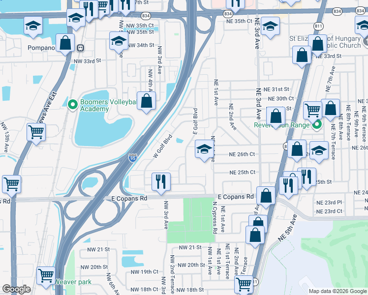 map of restaurants, bars, coffee shops, grocery stores, and more near 2701 East Golf Boulevard in Pompano Beach