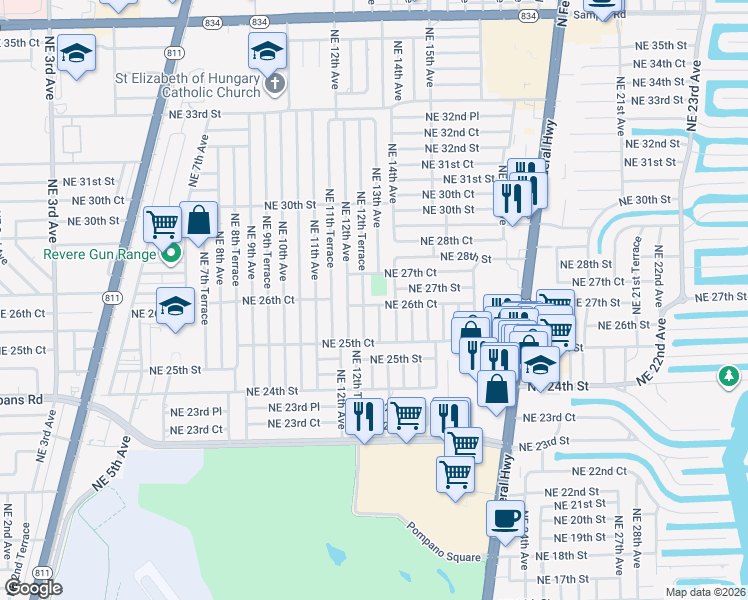 map of restaurants, bars, coffee shops, grocery stores, and more near 2717 Northeast 12th Terrace in Pompano Beach