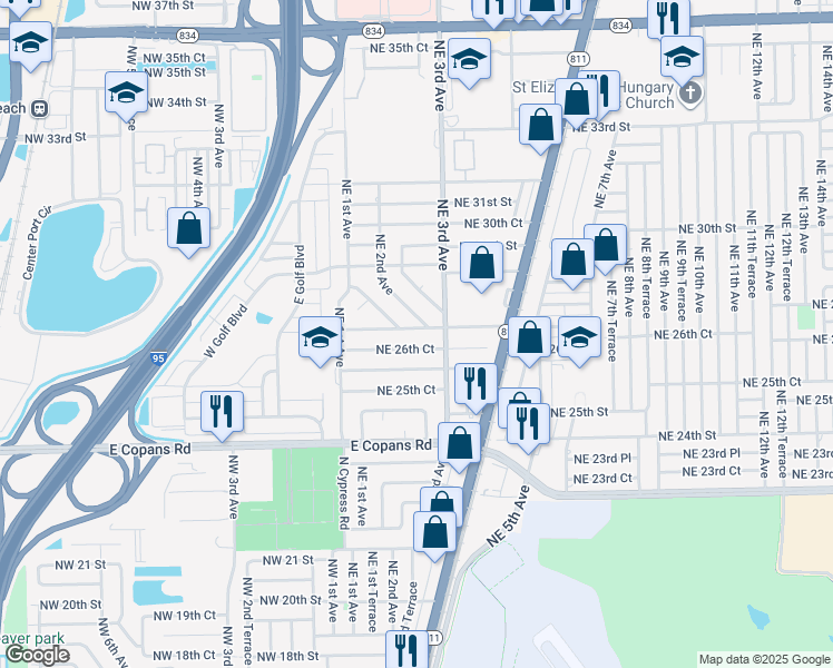 map of restaurants, bars, coffee shops, grocery stores, and more near 2710 Northeast 1st Terrace in Pompano Beach