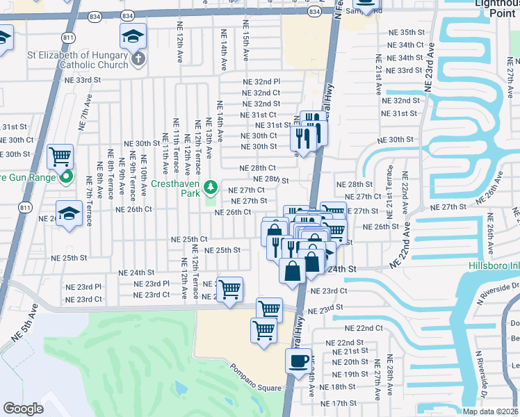 map of restaurants, bars, coffee shops, grocery stores, and more near 1585 Northeast 27th Street in Pompano Beach